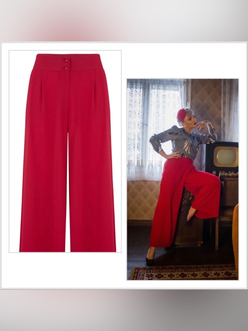 Wide Leg Pants | 40s Style | Red | UK 10 | M L | Rockn’ Romance Vintage